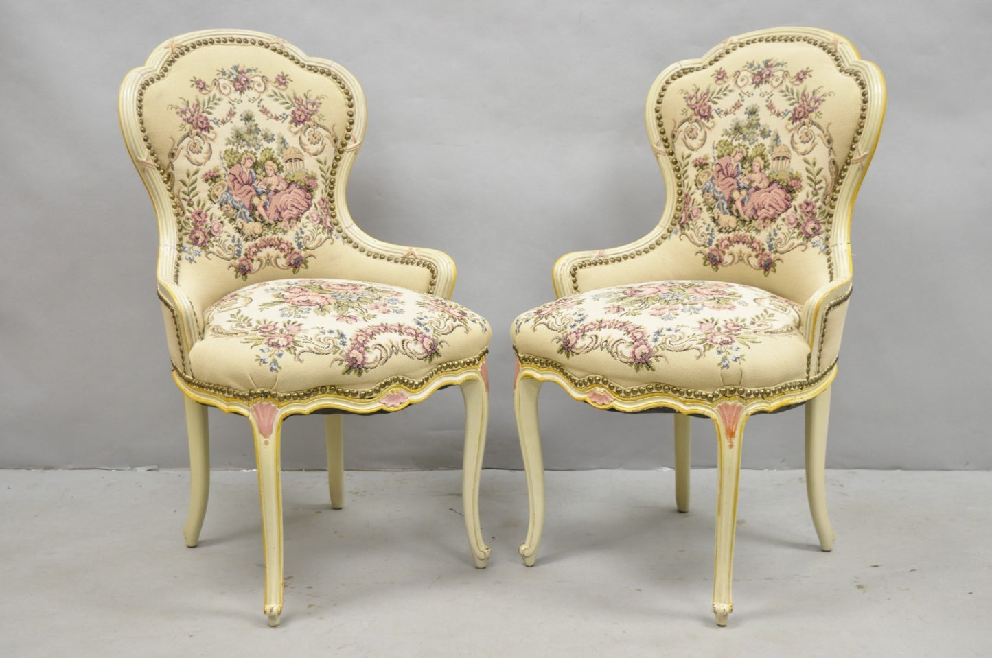 Vintage French Louis XV Style Cream & Pink Painted Boudoir Slipper Chair - Pair
