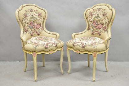 Vintage French Louis XV Style Cream & Pink Painted Boudoir Slipper Chair - Pair