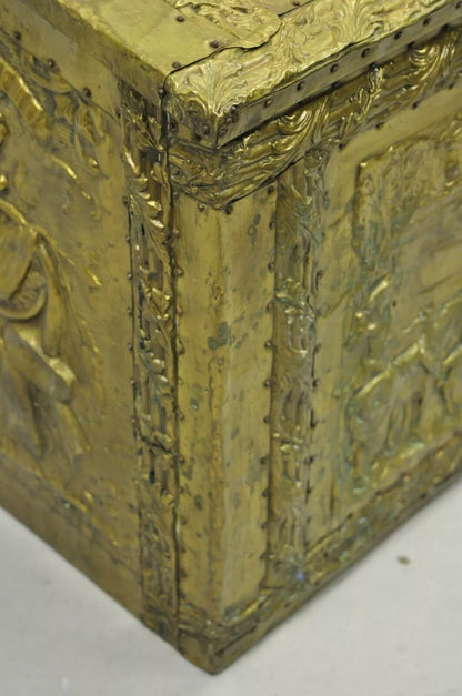 Antique Victorian Embossed Brass Fireplace Log Box Coal Box with Country Scenes