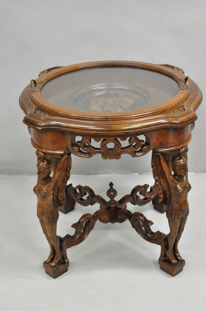 Antique French Renaissance Carved Female Dancer Walnut Display Tray Coffee Table
