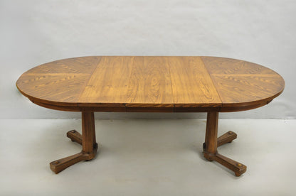 Vintage Mid Century Modern Oak Sunburst Round Extension Pedestal Dining Table