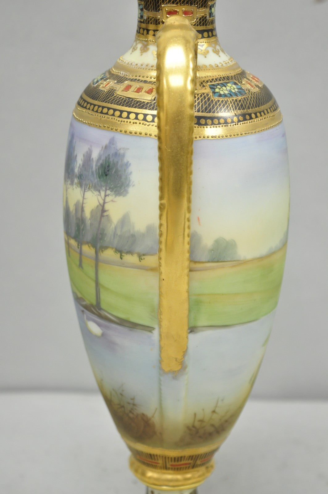 Antique Nippon Hand Painted Twin Handled Gold Gilt Lake & Swan Scene Bolted Vase