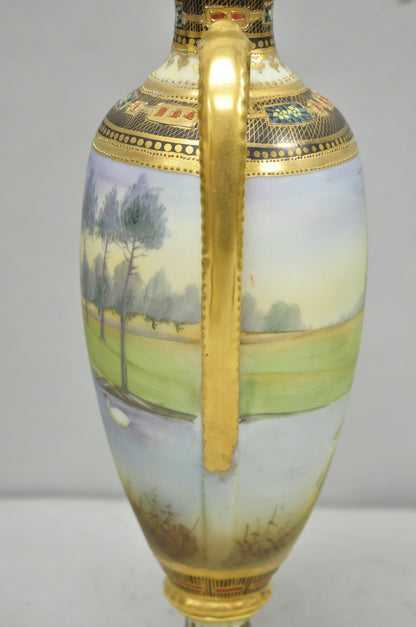 Antique Nippon Hand Painted Twin Handled Gold Gilt Lake & Swan Scene Bolted Vase