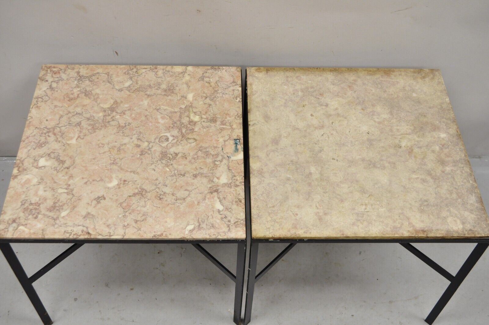 Vintage Paul McCobb Style Wrought Iron and Marble Square Side Tables - a Pair