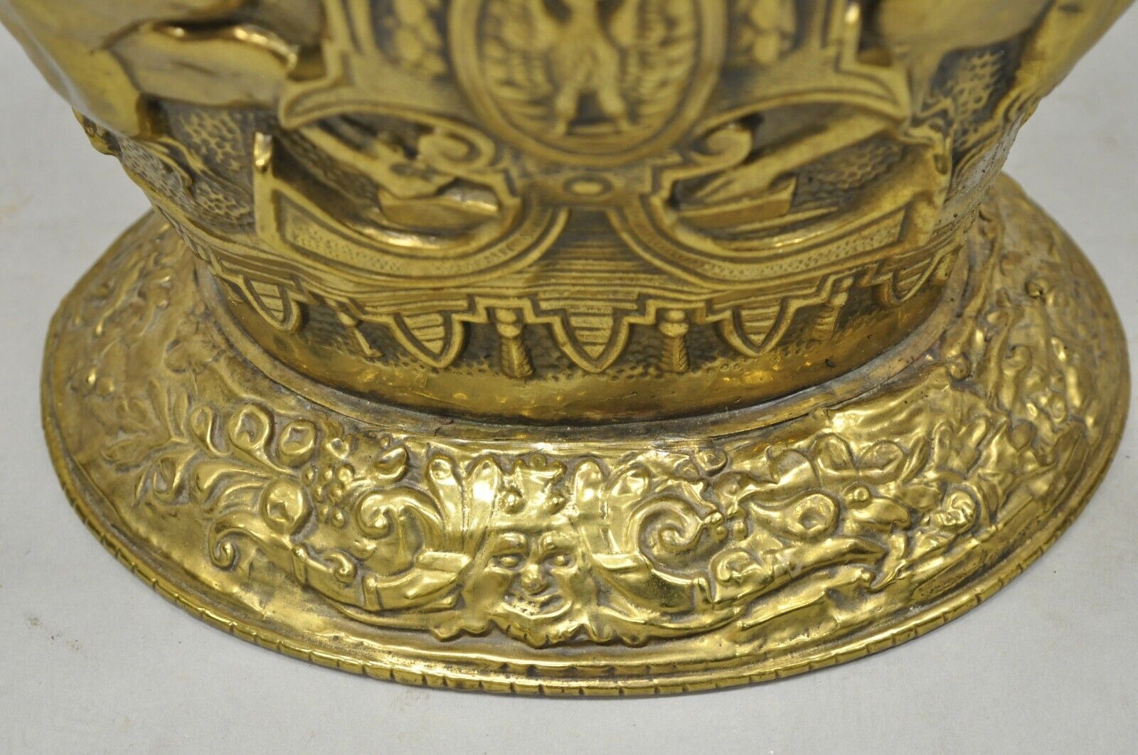 Antique English Renaissance Unicorn, Lion Shield Figural Brass Coal Bucket Bin