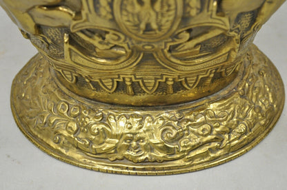 Antique English Renaissance Unicorn, Lion Shield Figural Brass Coal Bucket Bin