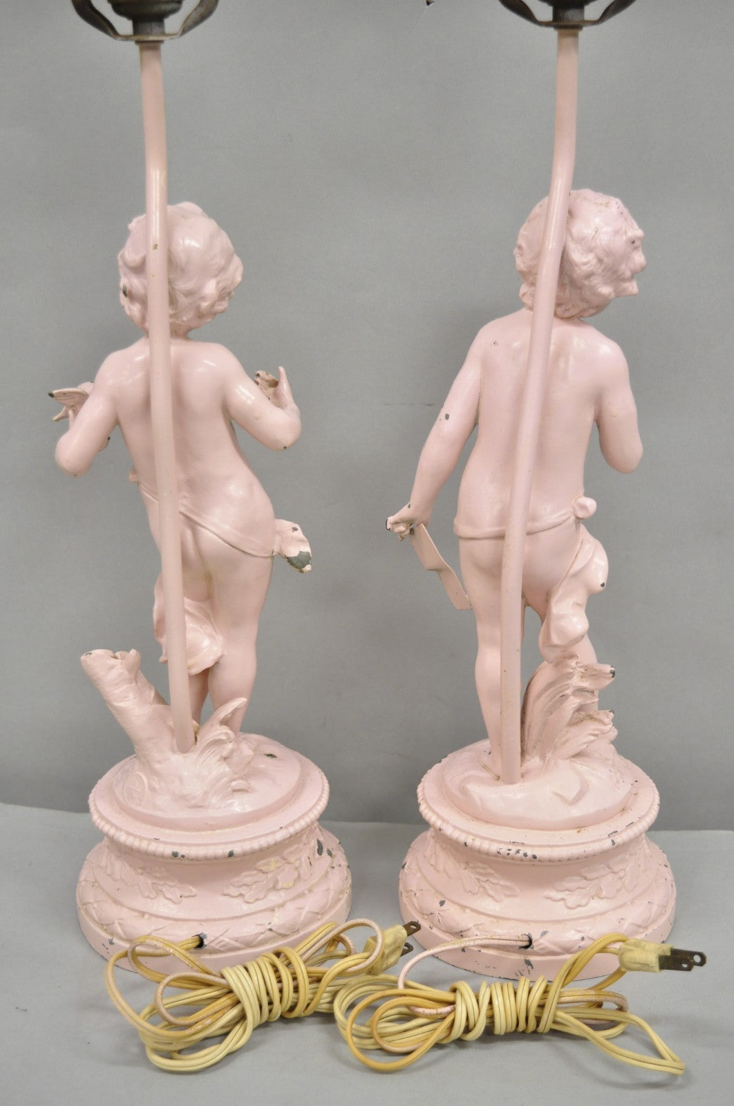 Antique French Renaissance Figural Spelter Metal Figural Cherub Table Lamps Pair