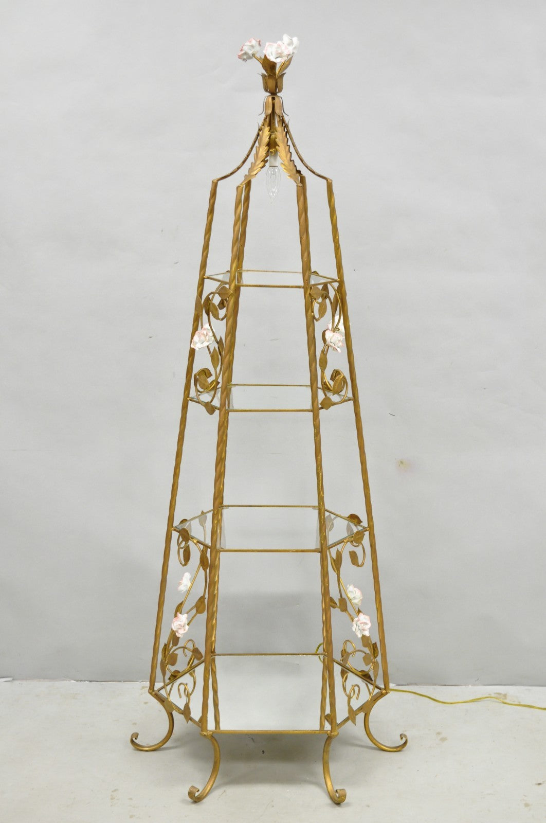 Vintage Italian Hollywood Regency Gold Tole Metal 4 Tier Lighted Etagere Curio