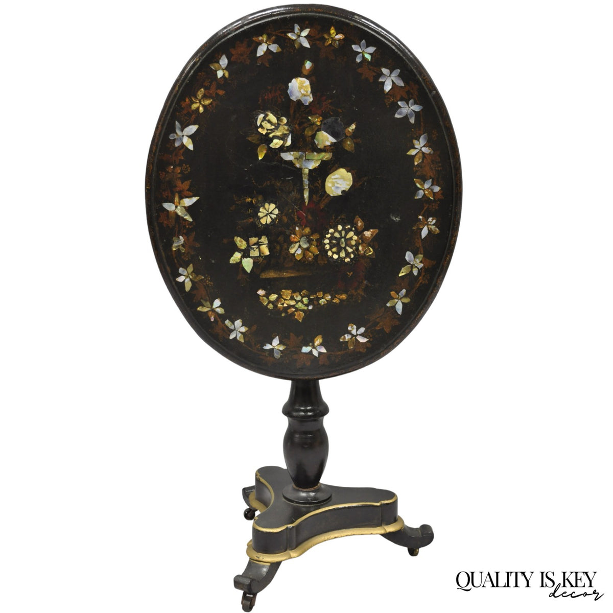 Antique English Victorian Mother of Pearl Inlay Black Lacquer Tilt Top Table