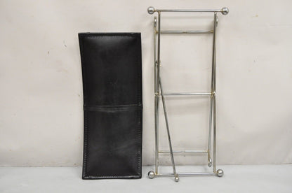 Modern Regency Style Folding Iron Metal Bench w/ Black Saddle Leather Seat