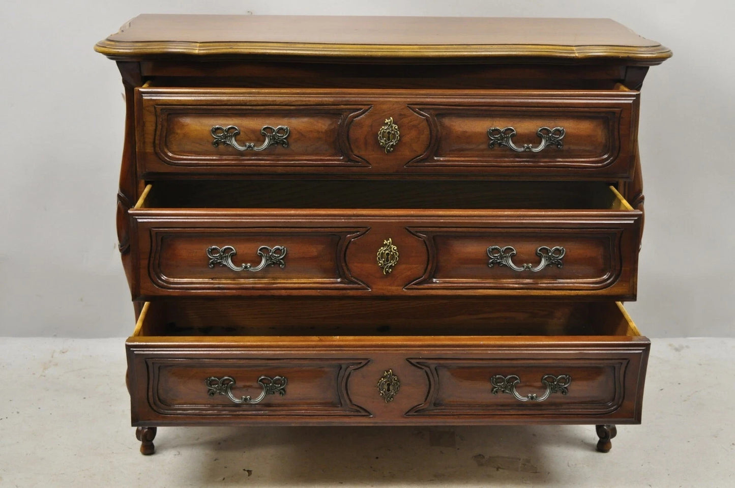 Vintage French Louis XV Country Style Sienna Cherry Bombe Commode Chest Dresser