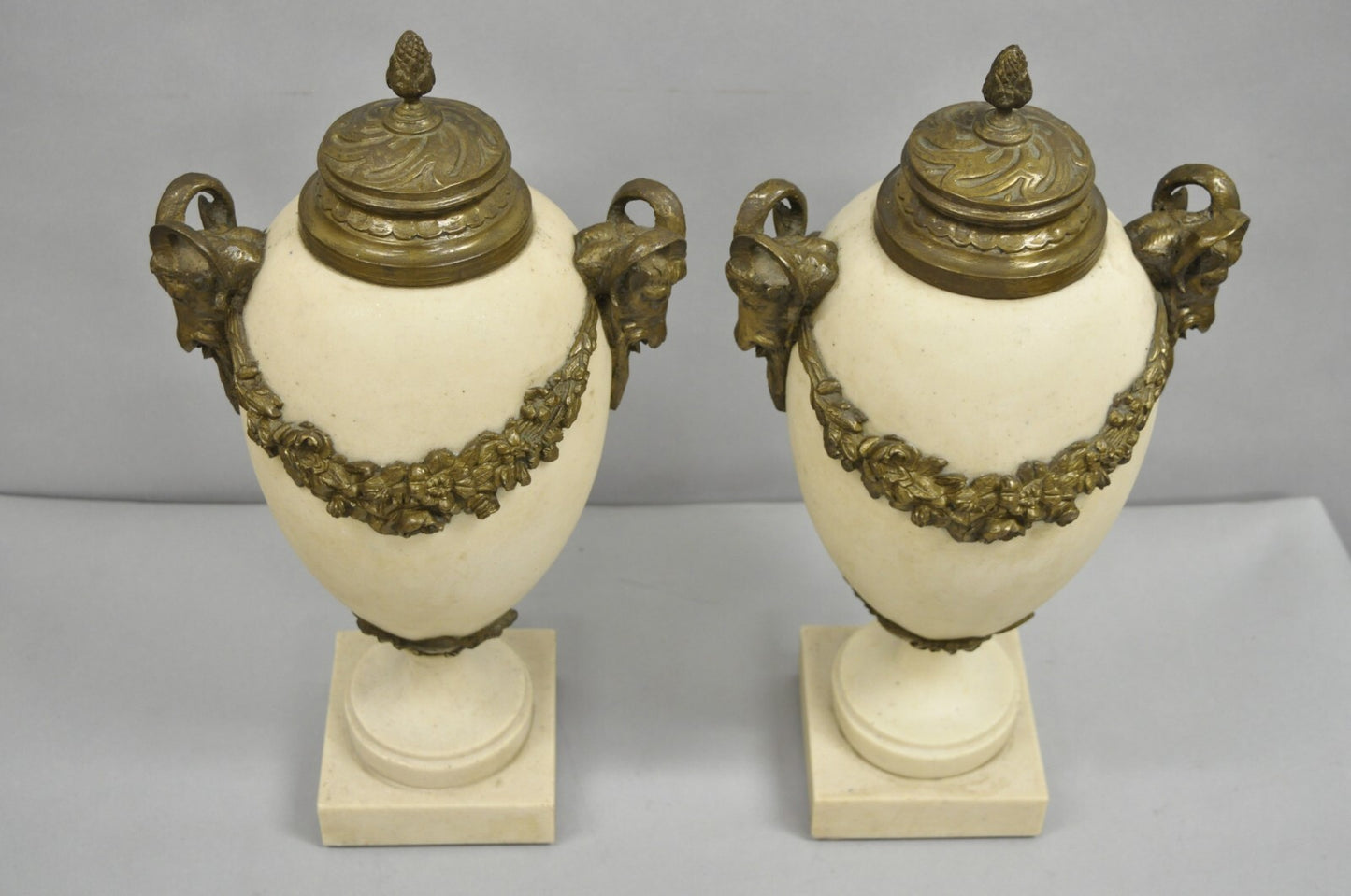 Vintage French Neoclassical Marble & Bronze Rams Head Urn Cassolettes - a Pair