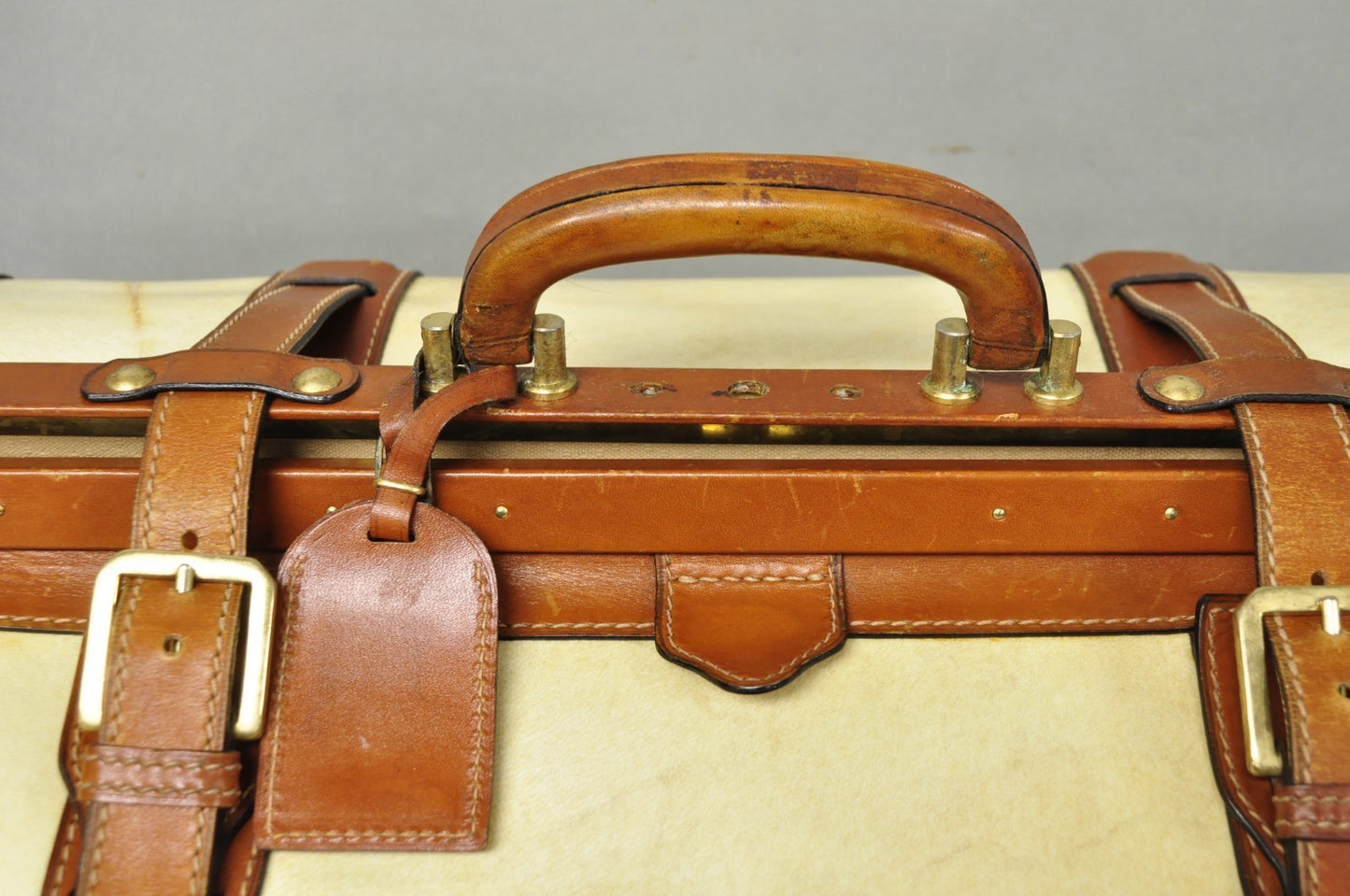 Vintage Dinoffer NY Italian Brown Leather & Vellum Parchment Gladstone Bag, Pair