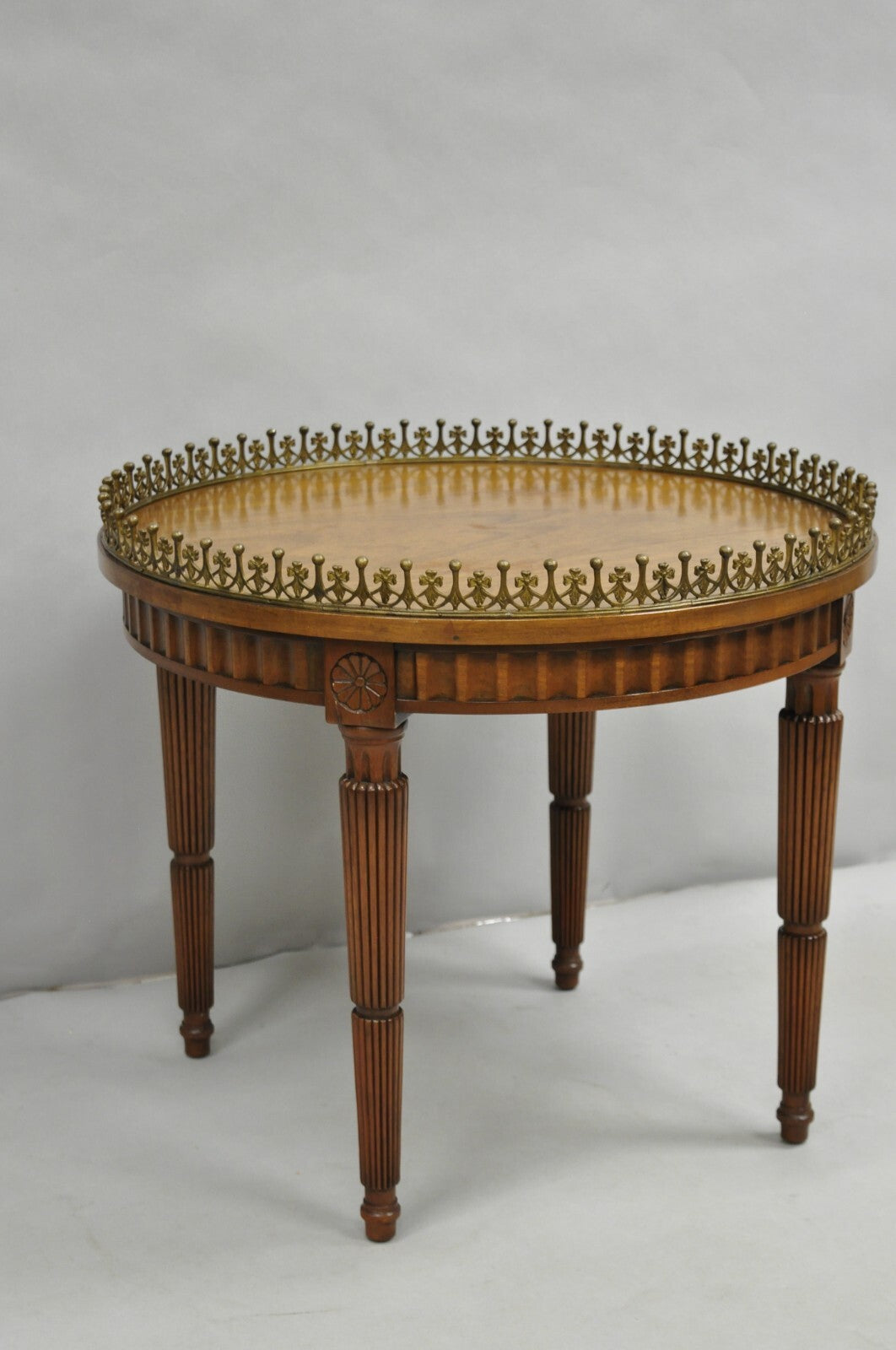 Vintage French Empire Mahogany 25" Round Coffee Table with Brass Gallery
