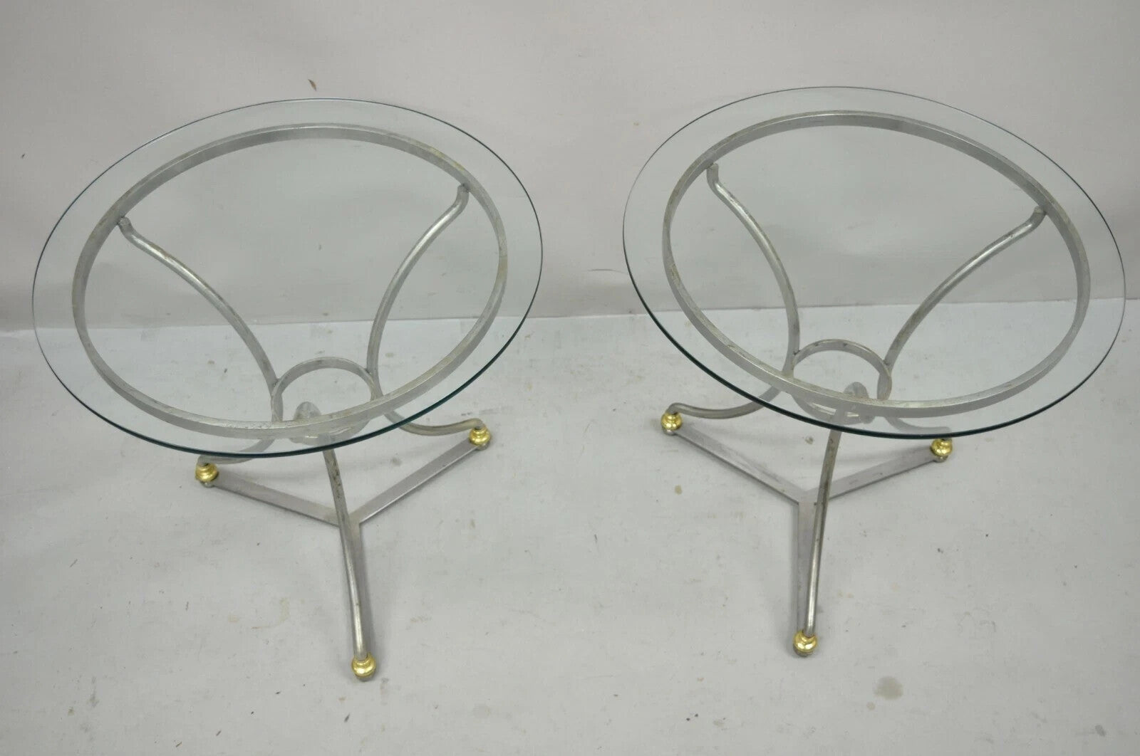 Italian Neoclassical Maison Jansen Style Steel & Brass Round End Tables - a Pair
