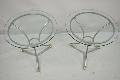 Italian Neoclassical Maison Jansen Style Steel & Brass Round End Tables - a Pair