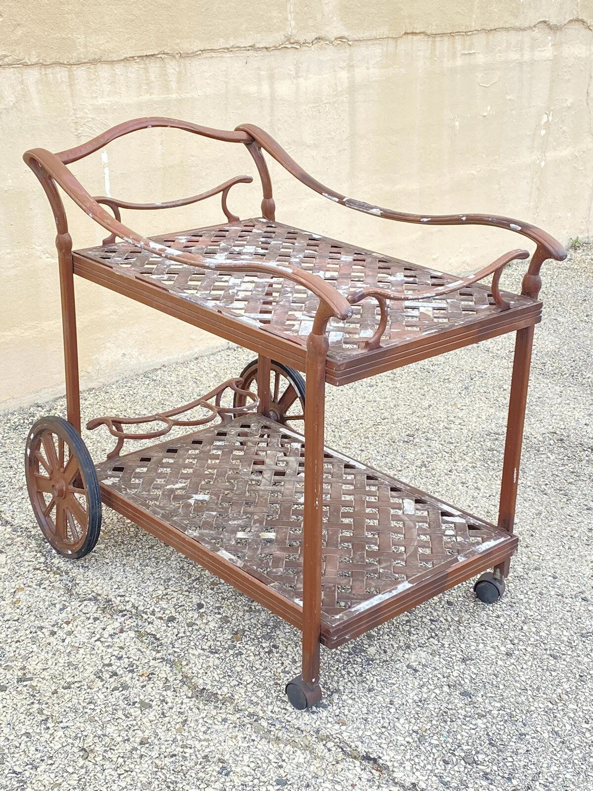 Cast Aluminum Metal Lattice Garden Patio Serving Bar Tea Cart Side Table