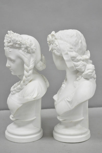 Antique French Classical Parian Porcelain 13" Goddess Female Maiden Bust - Pair