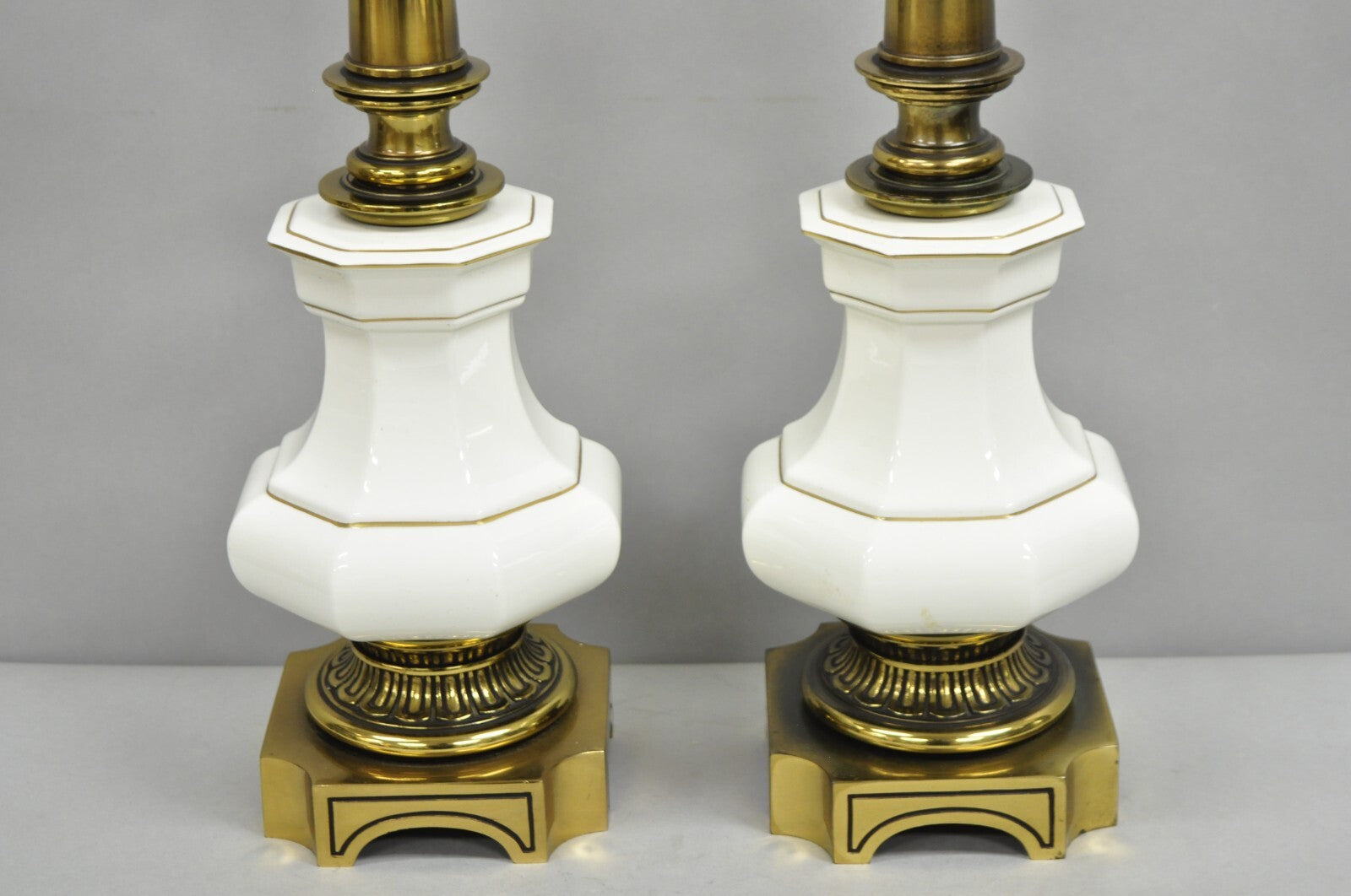Vintage Stiffel Empire Style Burnished Brass & Porcelain Table Lamps (B) - Pair