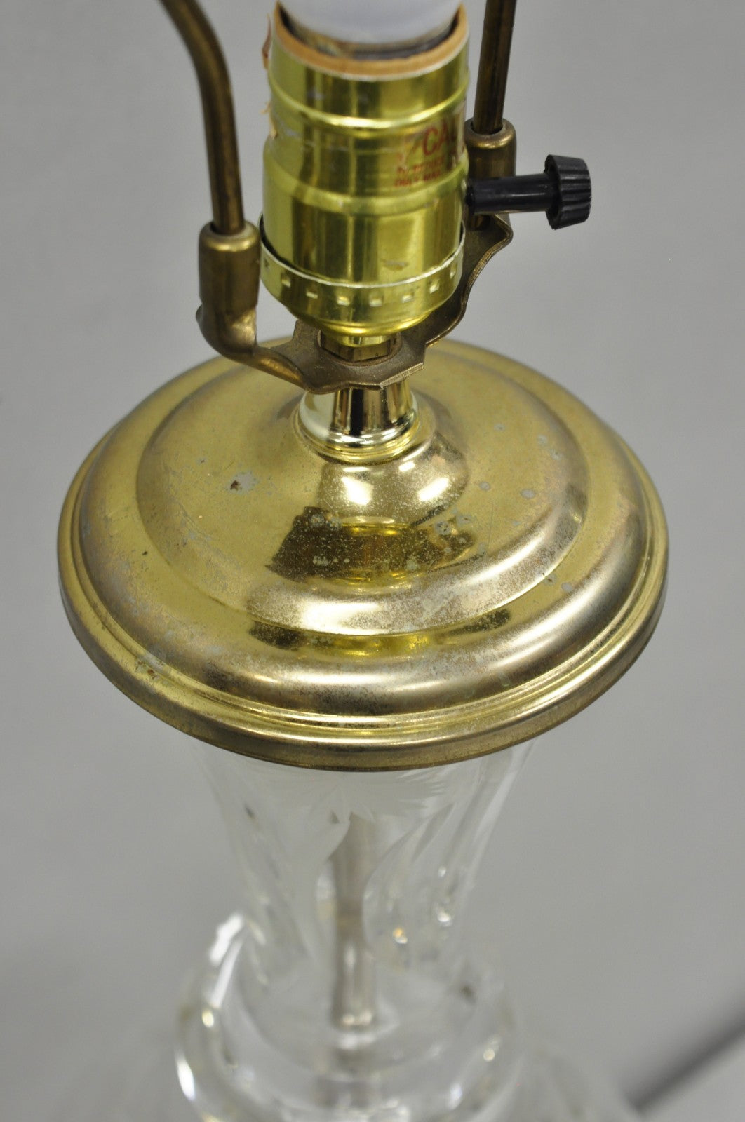 Vintage French Style Cut Crystal Glass Etched "Tulip Flower" Brass Table Lamp