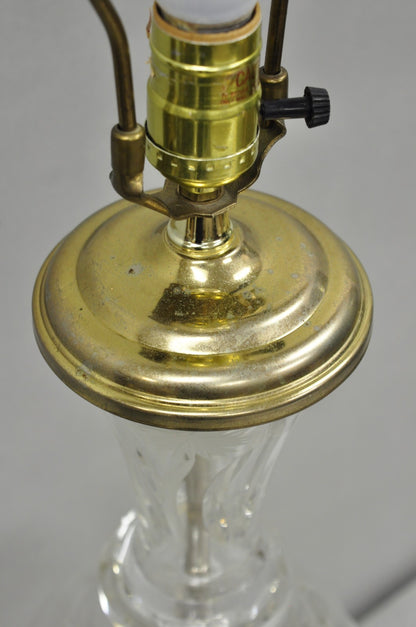 Vintage French Style Cut Crystal Glass Etched "Tulip Flower" Brass Table Lamp