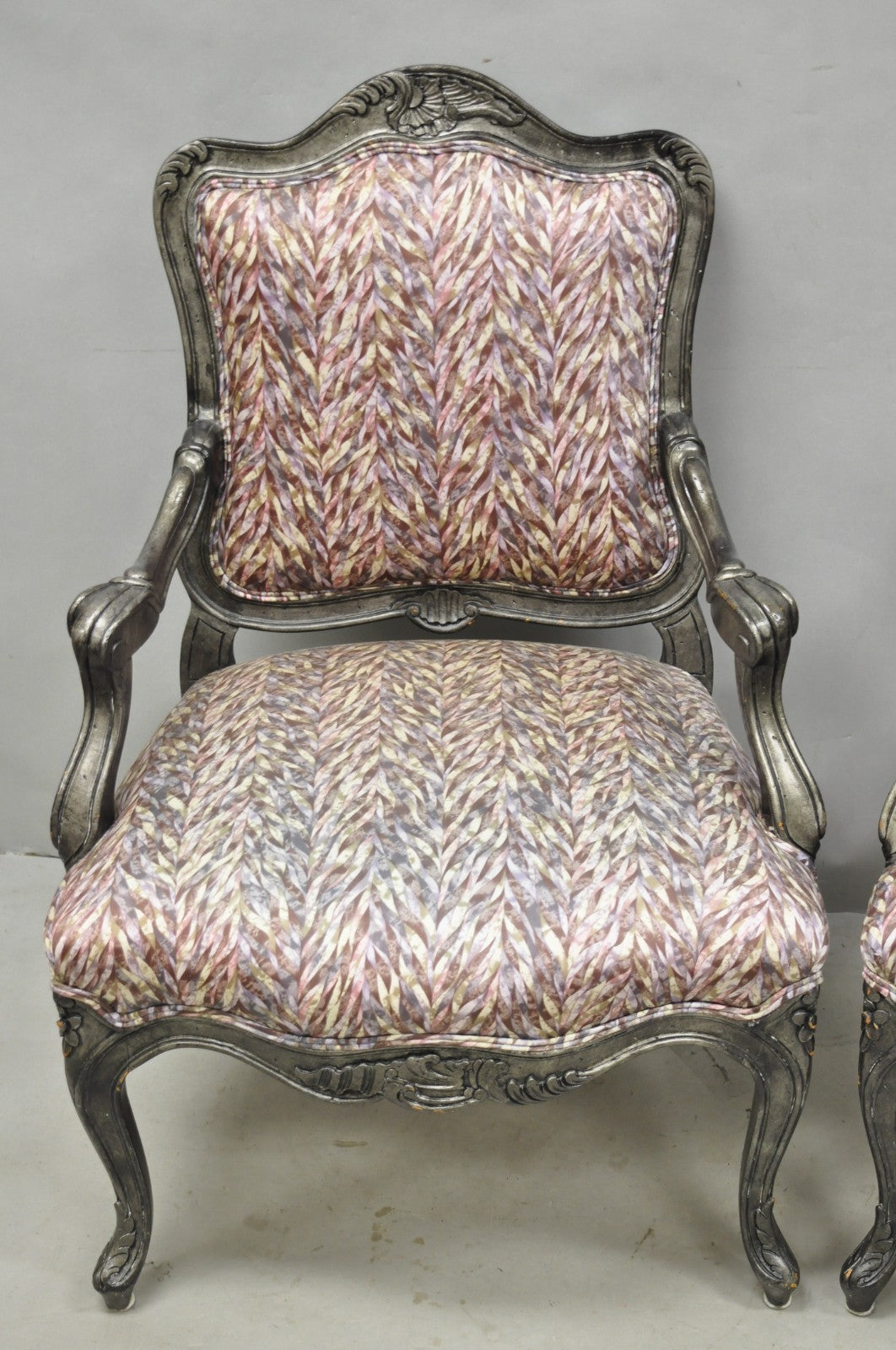 Vintage Italian Baroque Rococo Style Silver Leaf Gilt Lounge Arm Chairs - a Pair