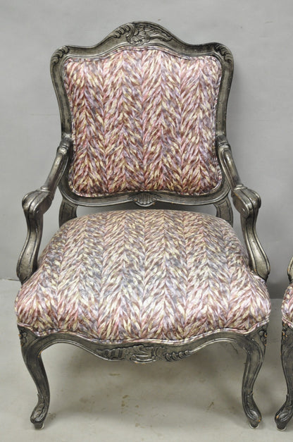 Vintage Italian Baroque Rococo Style Silver Leaf Gilt Lounge Arm Chairs - a Pair