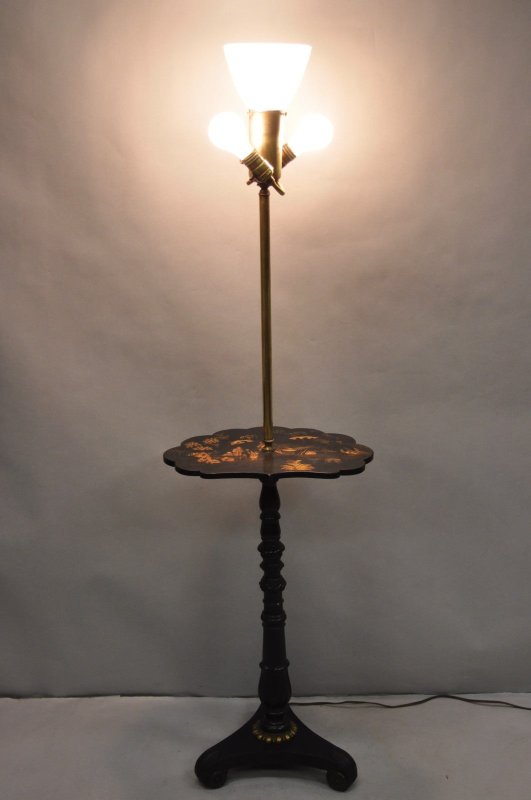 Antique Chinoiserie English Regency Black Lacquer Carved Wood Floor Lamp Table
