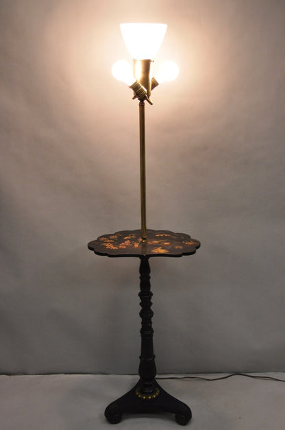 Antique Chinoiserie English Regency Black Lacquer Carved Wood Floor Lamp Table