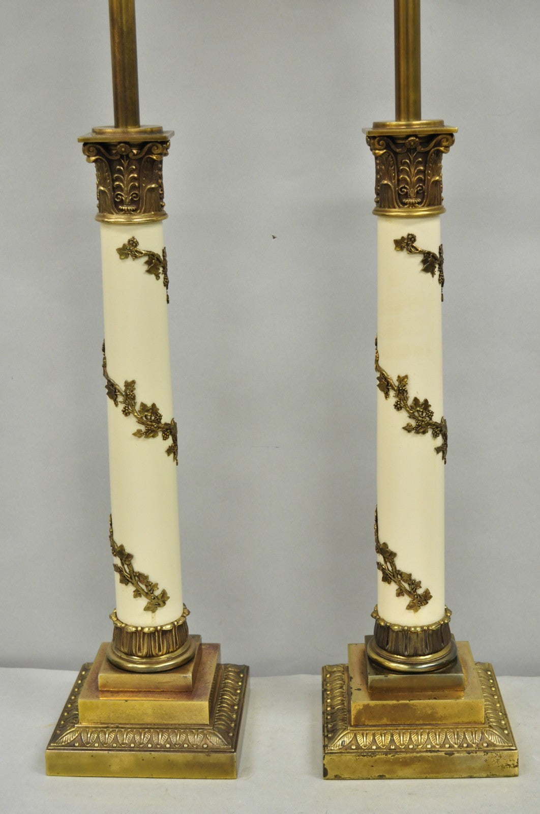 Vintage Stiffel Neoclassical Tall White Enamel Column Brass Table Lamps - a Pair