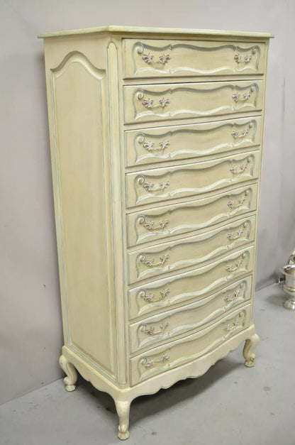 Vintage French Provincial Cream & Blue 9 Drawer Narrow 65" Tall Chest Dresser