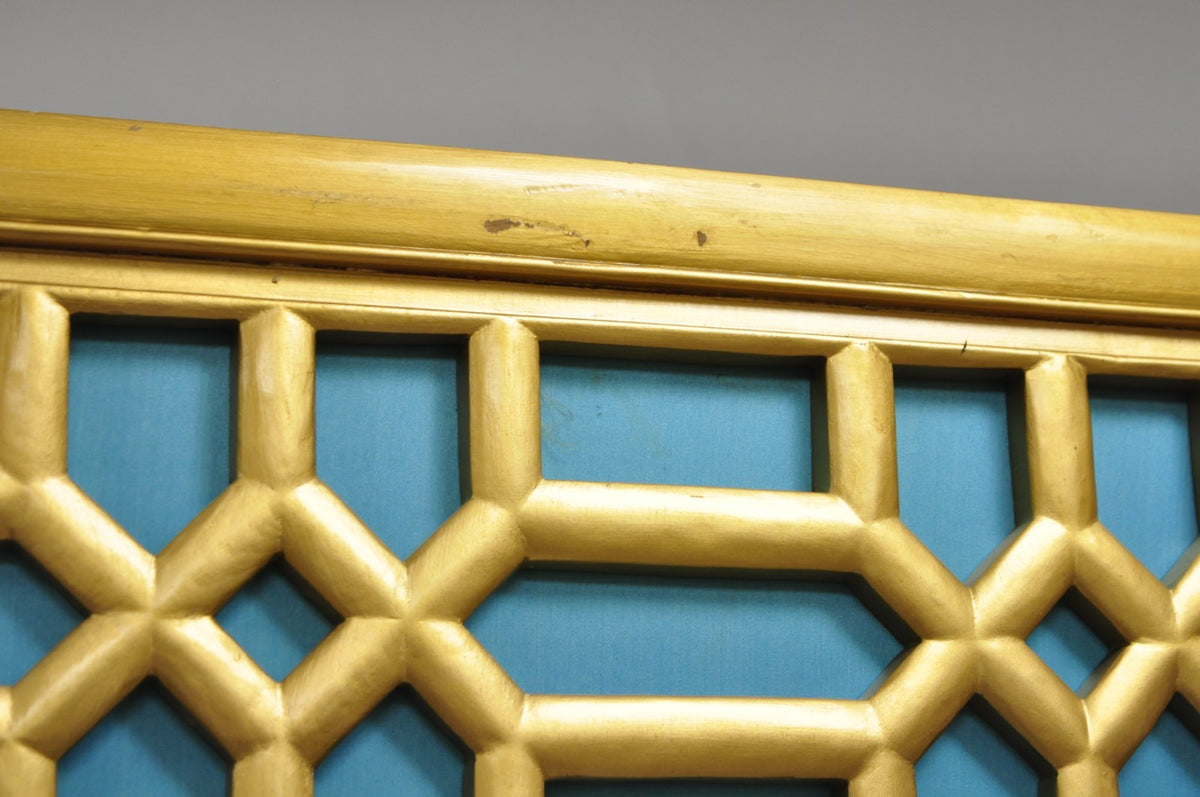 Vintage Chinoiserie Lattice Fretwork 4 Panel Gold Folding Screen Room Divider