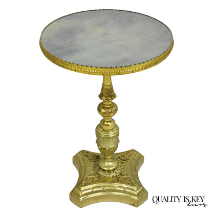 Antique French Victorian Solid Brass Round Glass Top Small Pedestal Side Table