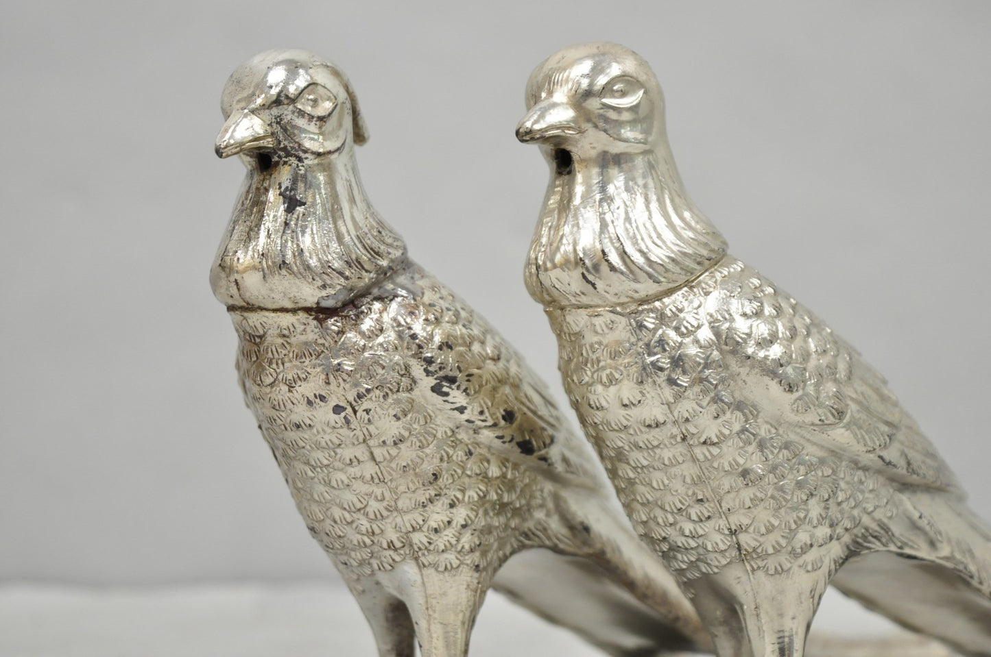 Vintage Mid Century Modern Silver Plated Pheasant Peacock Bird Figurines - Pair