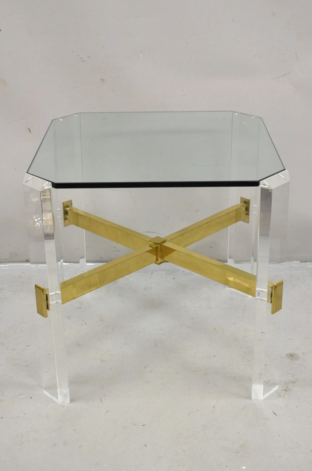 Vintage Mid Century Modern Lucite & Glass Brass Stretcher Occasional Side Table