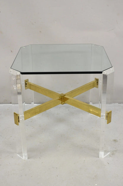 Vintage Mid Century Modern Lucite & Glass Brass Stretcher Occasional Side Table