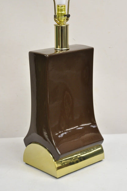 Vintage Laurel Mid Century Modernist Chocolate Brown Ceramic & Brass Table Lamp