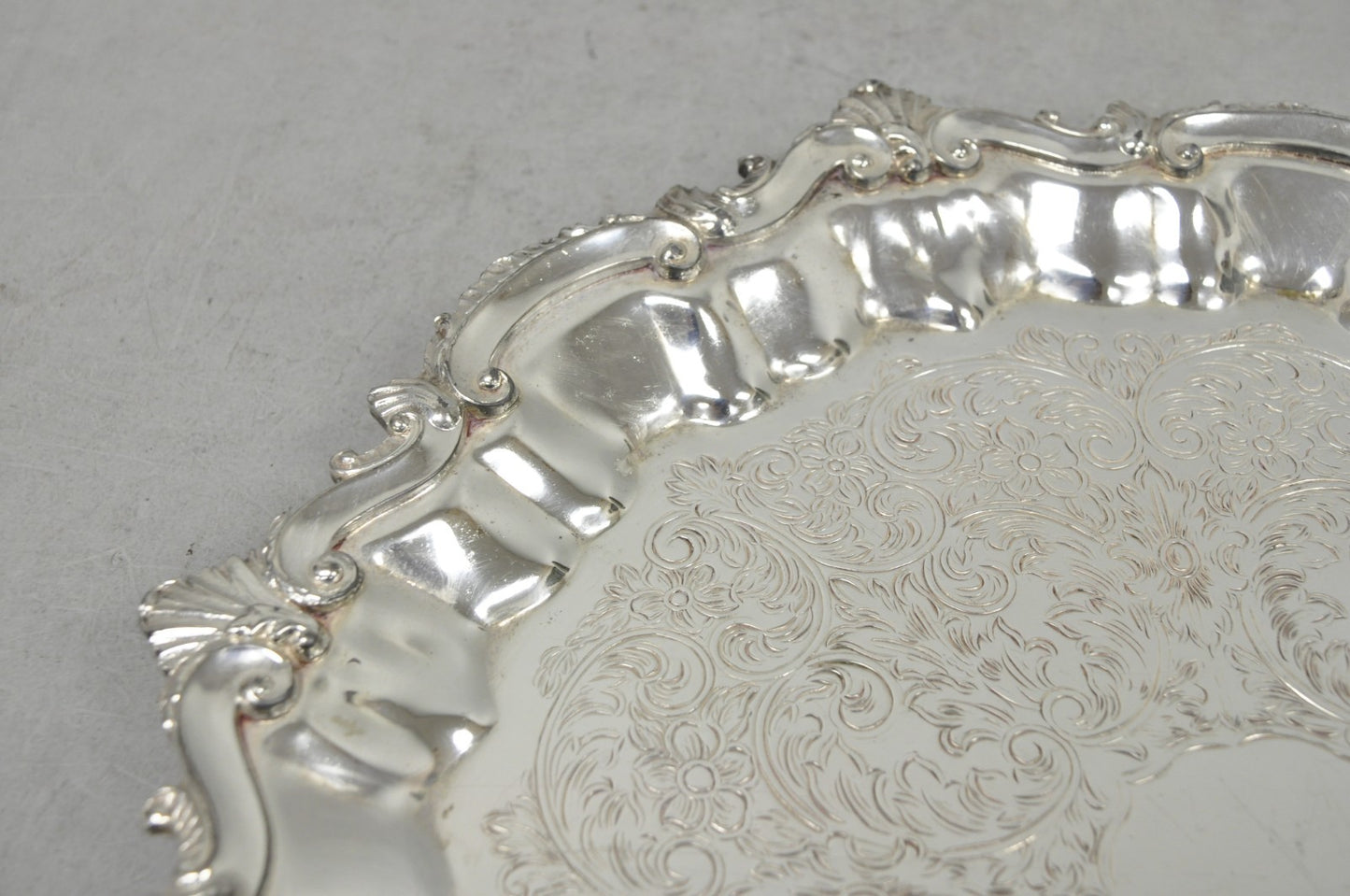 Vintage SBEP Victorian Silver Plated Round Scalloped Salver Bar Tray Platter