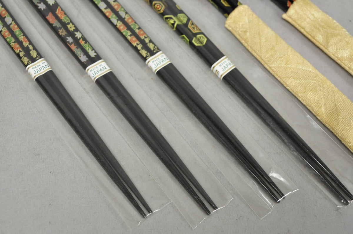 Vintage Japanese Oriental Chopsticks w/ 2 Custom Silk Gold Sleeves - 6 Pc Set