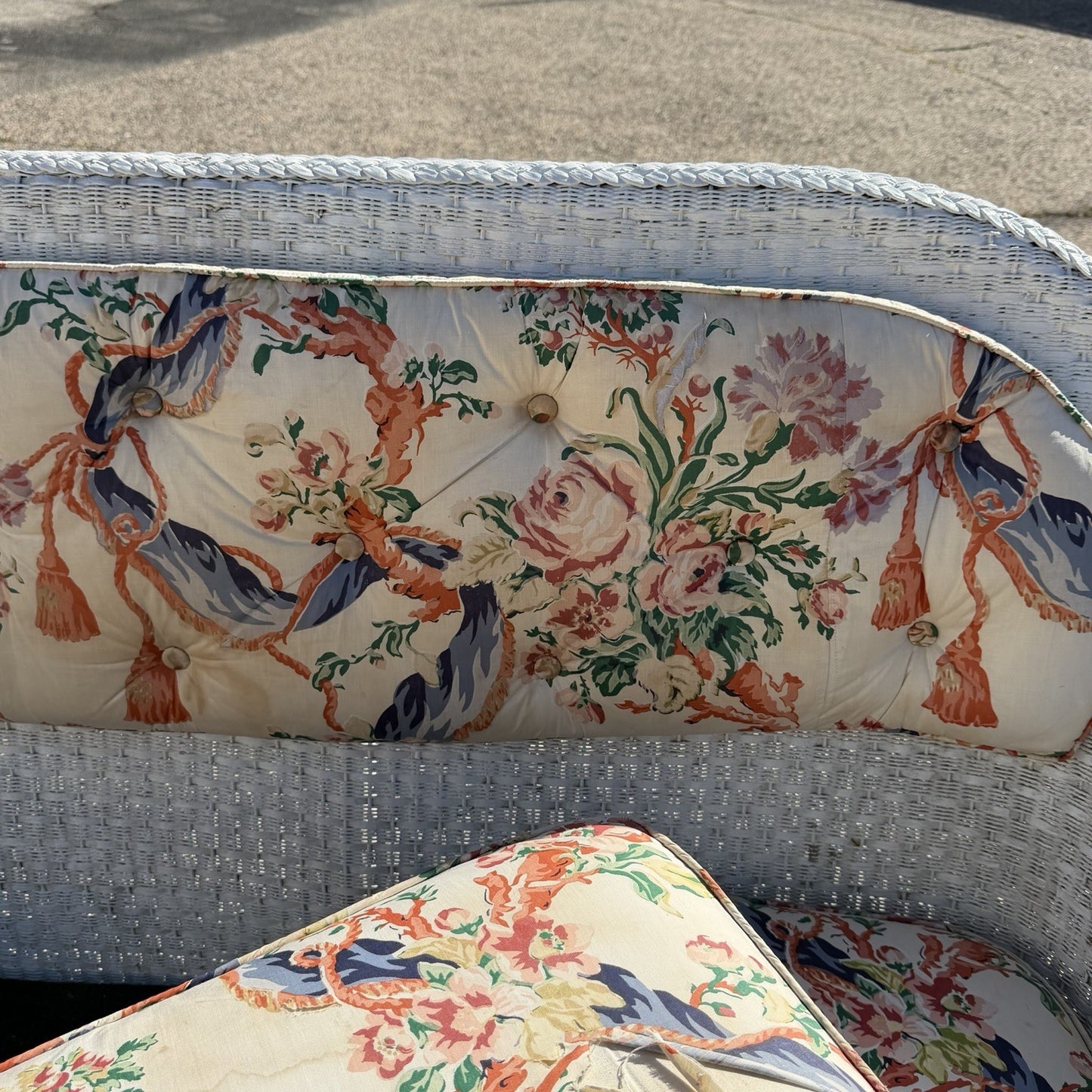 Antique Victorian White Wicker Rattan Sunroom Patio Sofa w/ Loose Cushions