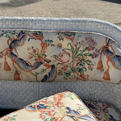 Antique Victorian White Wicker Rattan Sunroom Patio Sofa w/ Loose Cushions