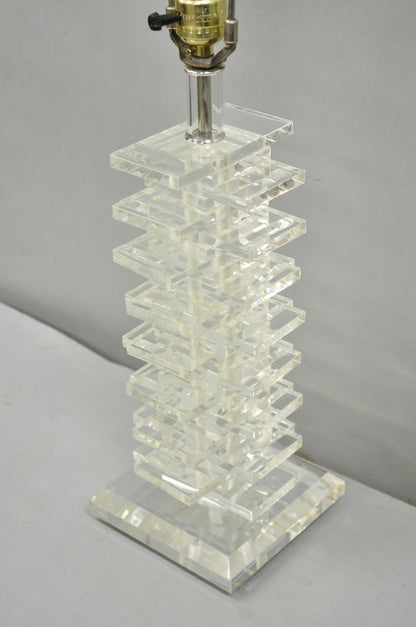 Vintage Mid Century Modern Lucite Acrylic Stacked Skyscraper Table Lamp