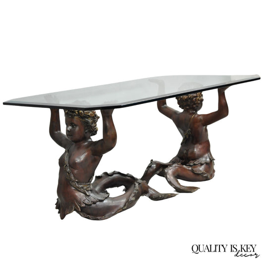 Vintage French Neoclassical Figural Bronze Merman Mermaid Glass Top Coffee Table