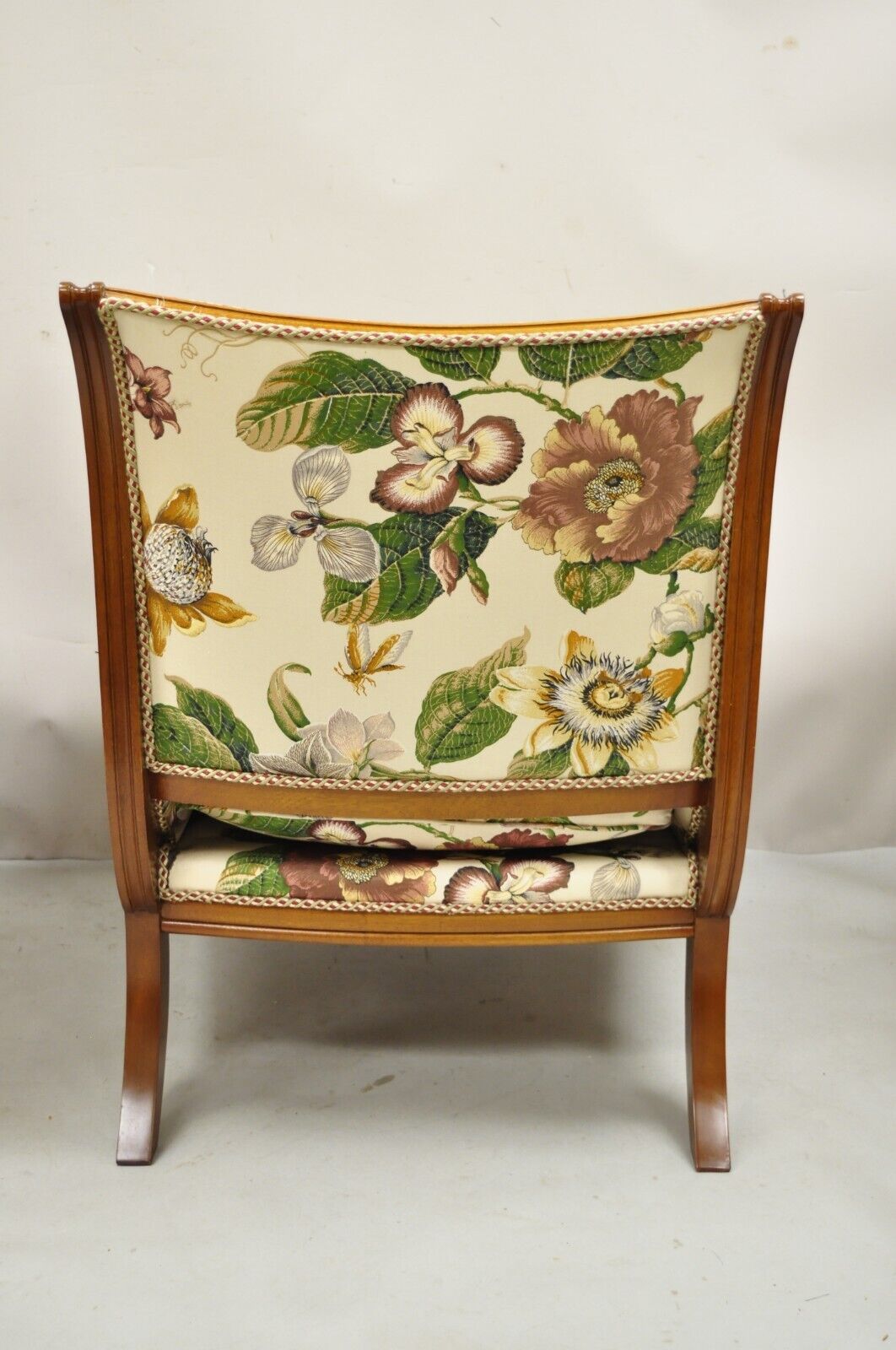 French Regency Style Floral Print Mahogany Frame Club Lounge Chairs - a Pair