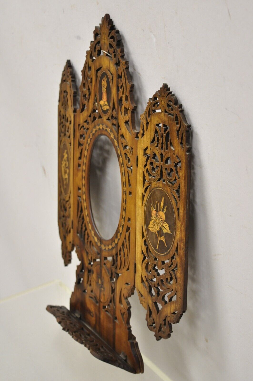 19th C Italian Sorrento Triptych Folding Inlaid Travel Mirror Easel Stand