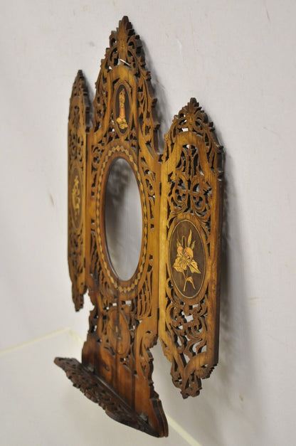 19th C Italian Sorrento Triptych Folding Inlaid Travel Mirror Easel Stand