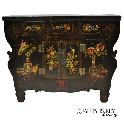 Korean Black Hand Painted Altar Style Sideboard Cabinet Console Table Credenza