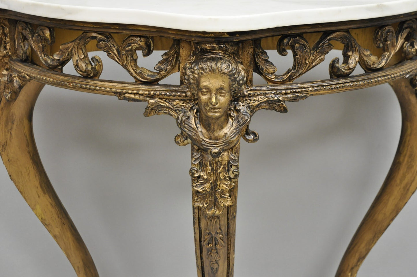 Vintage French Rococo Baroque Gold Gilt Gesso Marble Top Figural Console Table