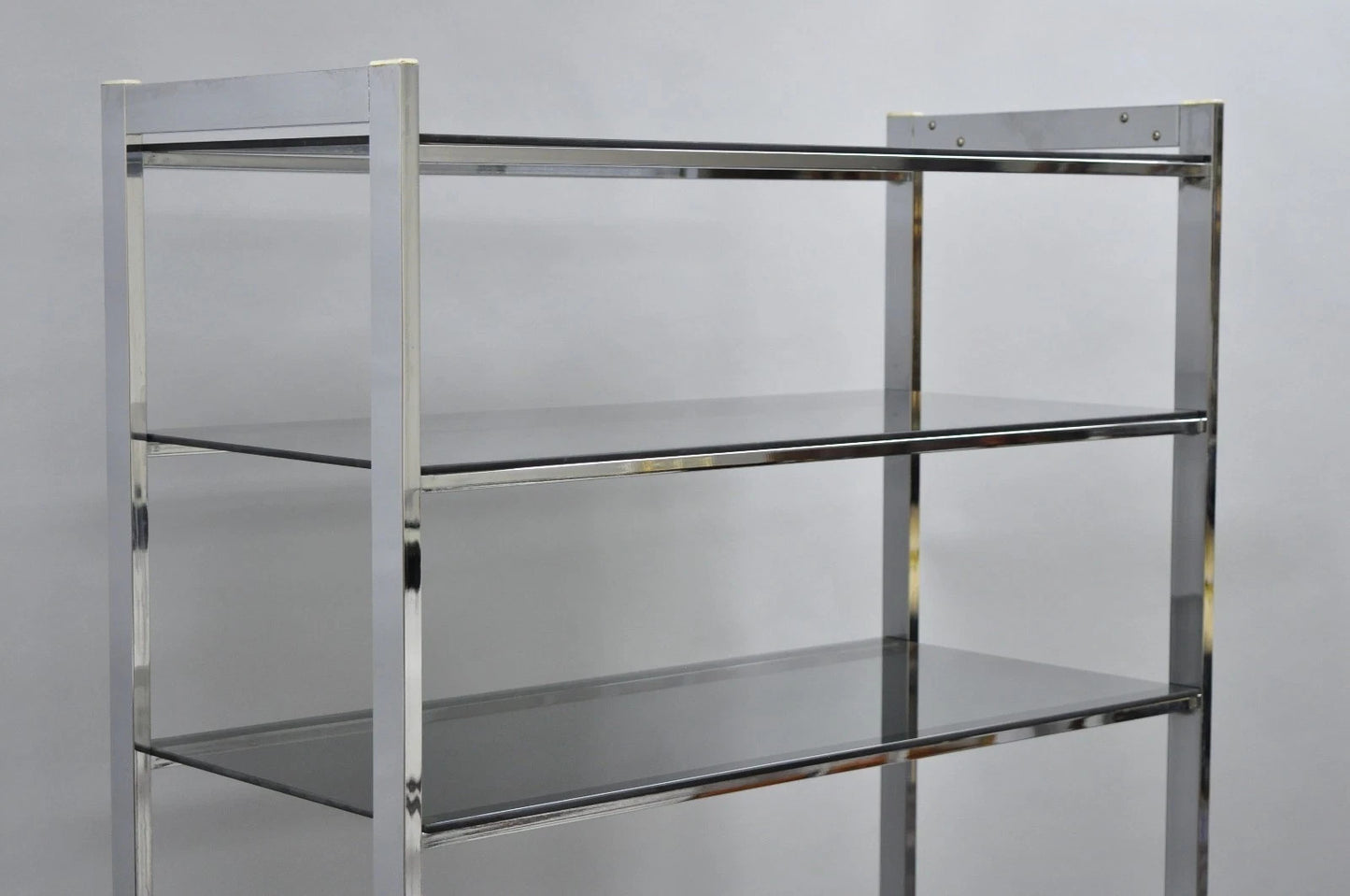 Mid Century Modern Baughman Style Chrome Smoked Glass Etagere Bookcase Shelf