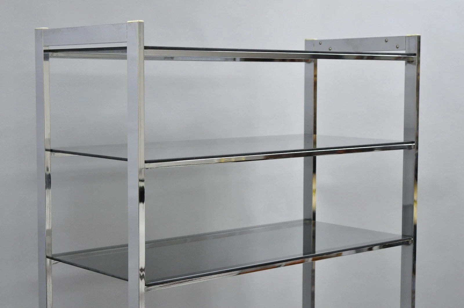 Mid Century Modern Baughman Style Chrome Smoked Glass Etagere Bookcase Shelf